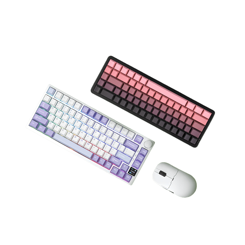 Pink and white mechanical keyboards with a white mouse